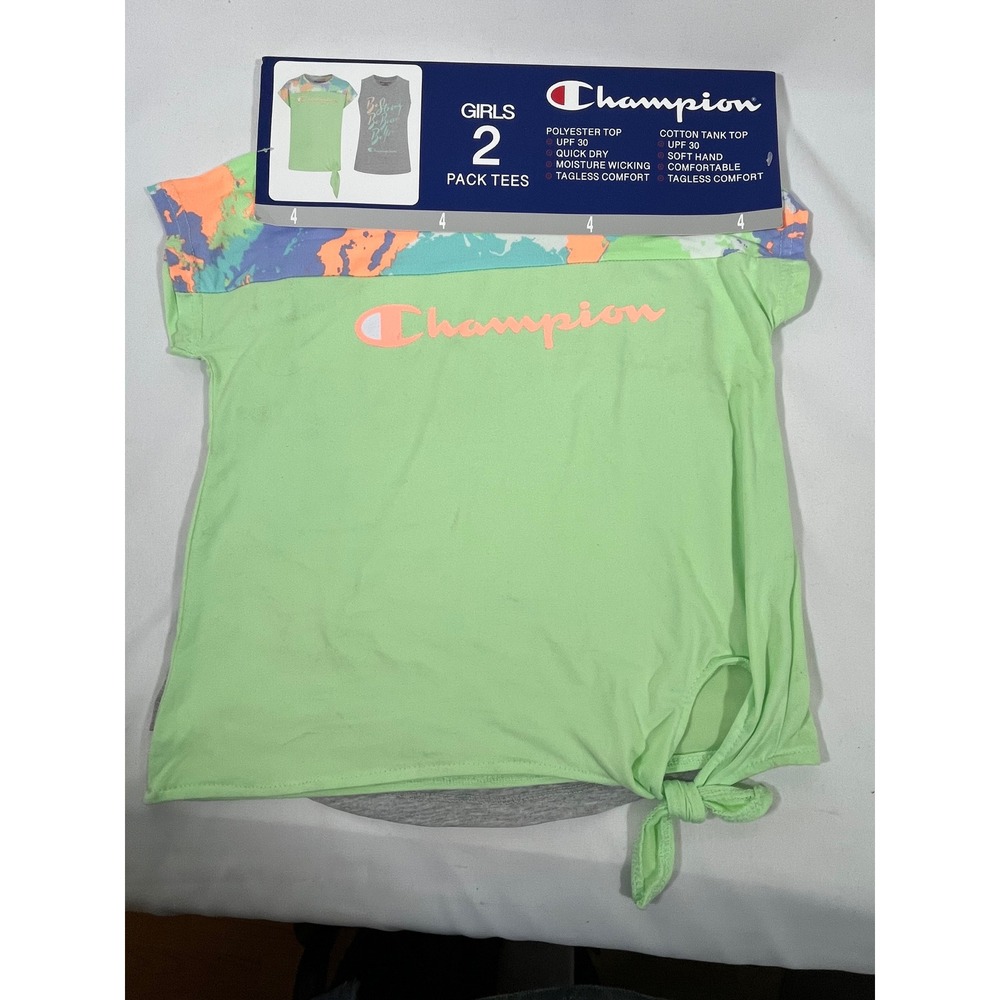 Champion 2 Pack Tees Girls 4 Lime Green Side Tie Shirt Grey Tank Top Playwear